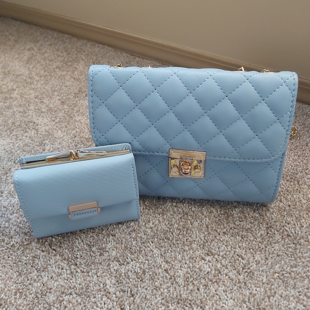 Light Blue Quilted Shoulder Bag And Wallet